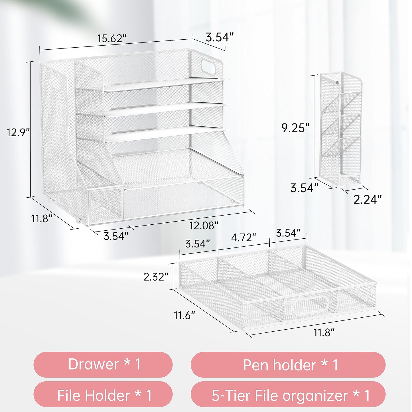 Desk Organizer with File Holder, 5-Tier Mesh Paper Letter Tray Organizer with Pen Holder and Drawer, Desktop Organizer and Storage with 3 Tilted File Sorter for Office Supplies